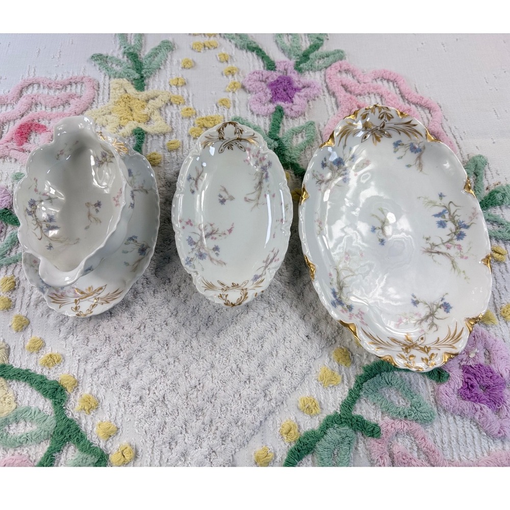 Haviland Limoges France Antique Floral Porcelain Gravy Boat Platter Relish Set